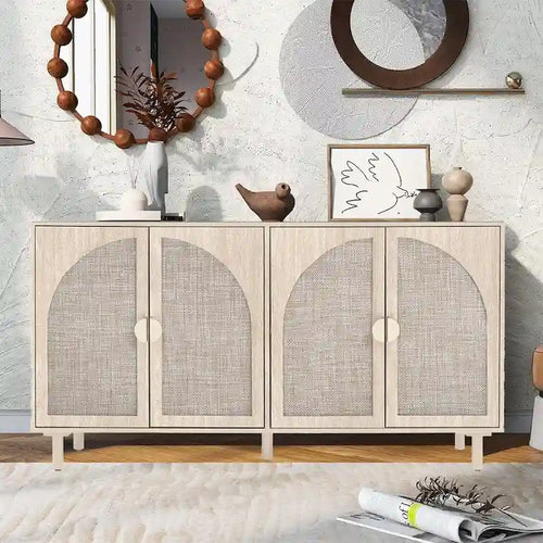Credenza buffet in stile rustico con 4 ante in rattan e ripiani regolabili