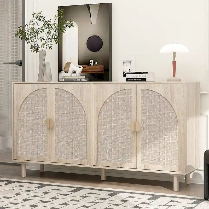 Farmhouse Sideboard Buffet Cabinet with 4 Rattan Doors & Adjustable Shelves