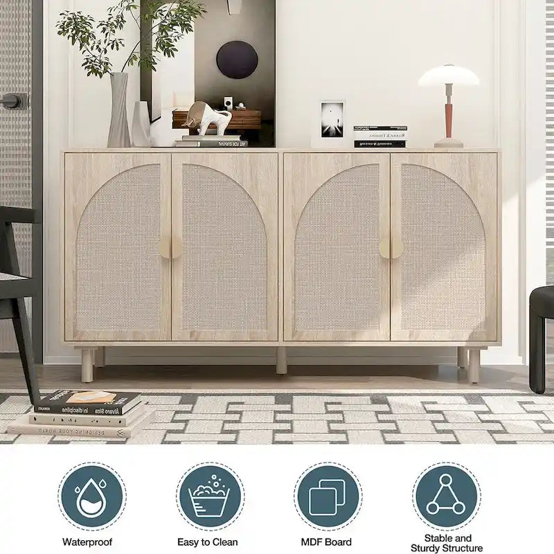Farmhouse Sideboard Buffet Cabinet with 4 Rattan Doors & Adjustable Shelves