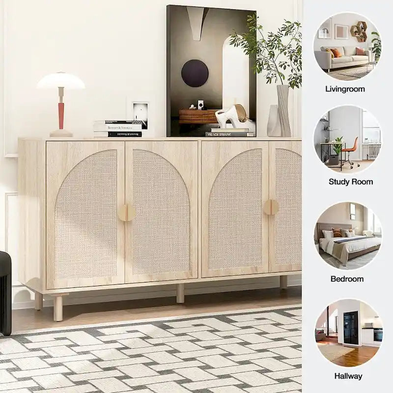 Farmhouse Sideboard Buffet Cabinet with 4 Rattan Doors & Adjustable Shelves