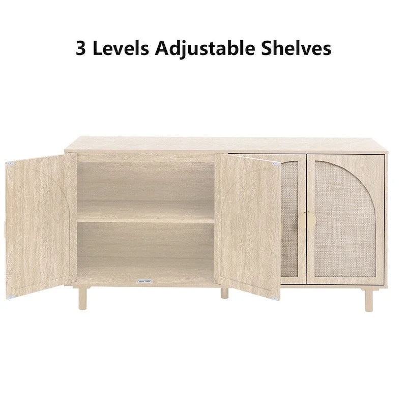 Farmhouse Sideboard Buffet Cabinet with 4 Rattan Doors & Adjustable Shelves