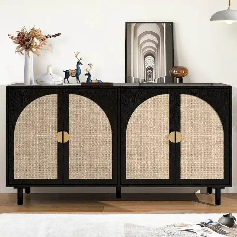Farmhouse Sideboard Buffet Cabinet with 4 Rattan Doors & Adjustable Shelves