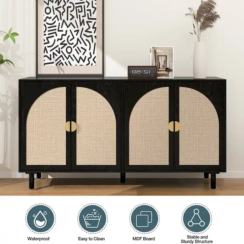 Farmhouse Sideboard Buffet Cabinet with 4 Rattan Doors & Adjustable Shelves