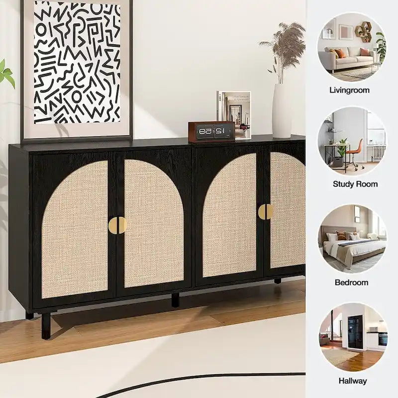 Farmhouse Sideboard Buffet Cabinet with 4 Rattan Doors & Adjustable Shelves