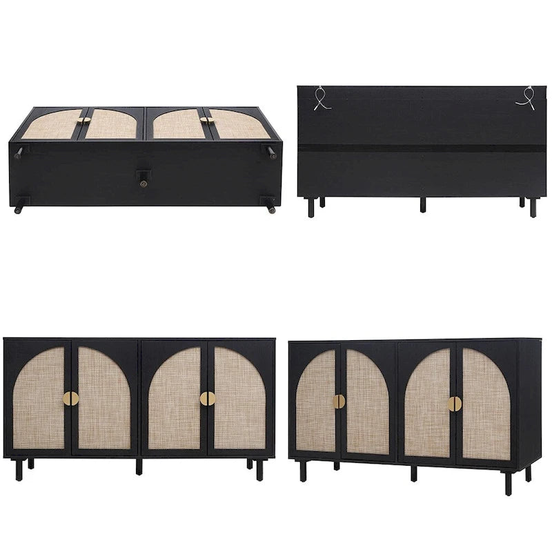 Farmhouse Sideboard Buffet Cabinet with 4 Rattan Doors & Adjustable Shelves