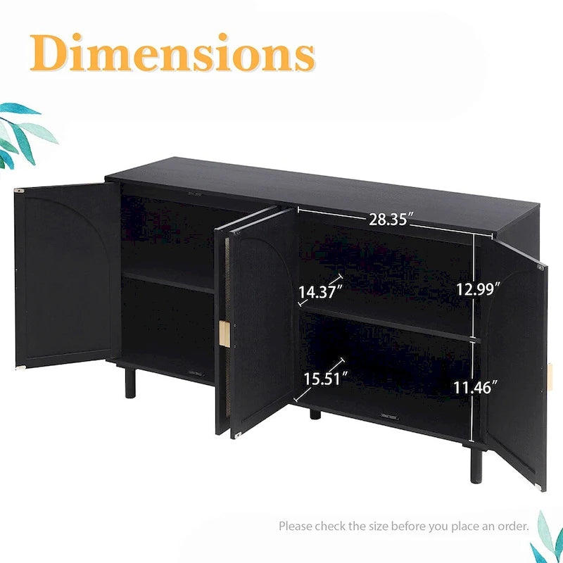 Farmhouse Sideboard Buffet Cabinet with 4 Rattan Doors & Adjustable Shelves