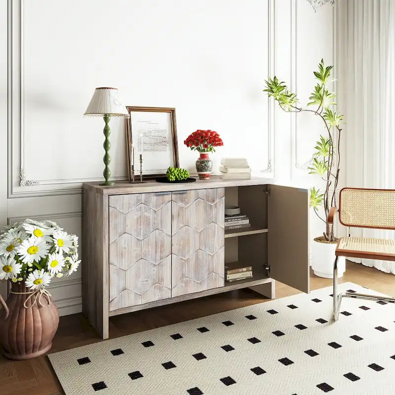3-Door Wooden Sideboard Cabinet with Fluted Doors