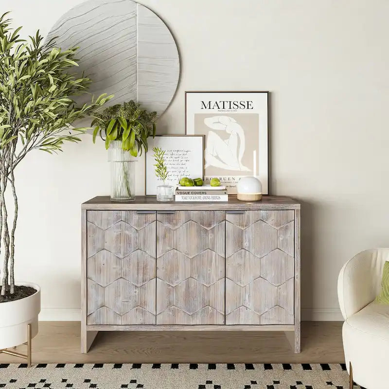 3-Door Wooden Sideboard Cabinet with Fluted Doors