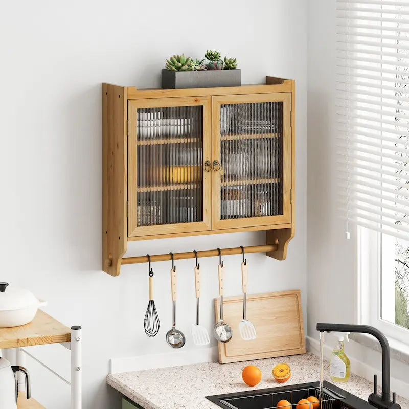 Vintage Glass Door Wall Cabinet with 3-Tier Storage & Towel Bar