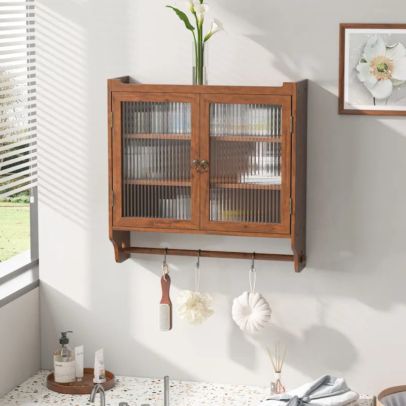 Vintage Glass Door Wall Cabinet with 3-Tier Storage & Towel Bar