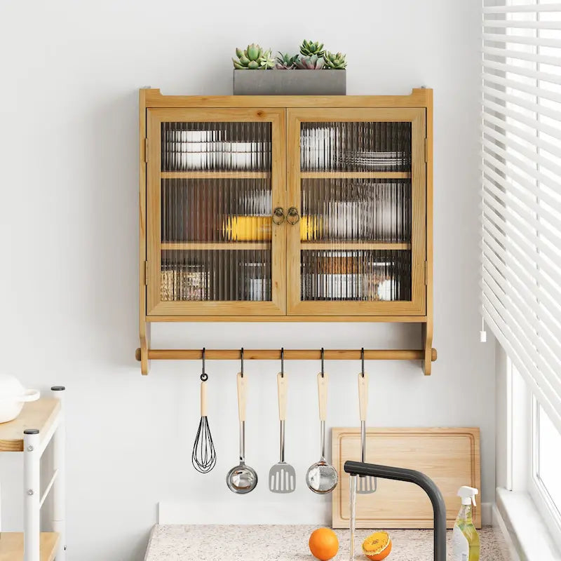 Vintage Glass Door Wall Cabinet with 3-Tier Storage & Towel Bar