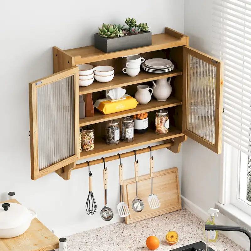 Vintage Glass Door Wall Cabinet with 3-Tier Storage & Towel Bar