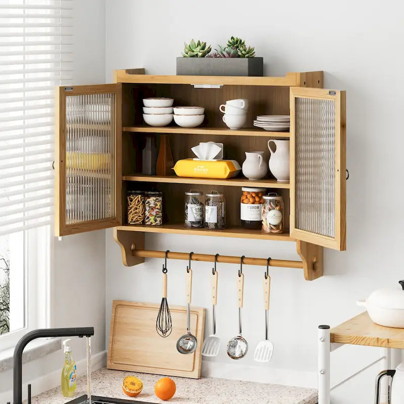 Vintage Glass Door Wall Cabinet with 3-Tier Storage & Towel Bar