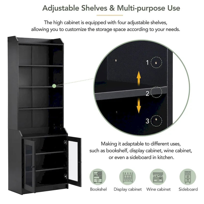 Tall Display Cabinet with Acrylic Doors & 6 Adjustable Shelves — Black