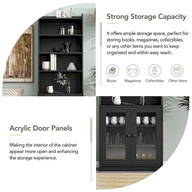 Tall Display Cabinet with Acrylic Doors & 6 Adjustable Shelves — Black