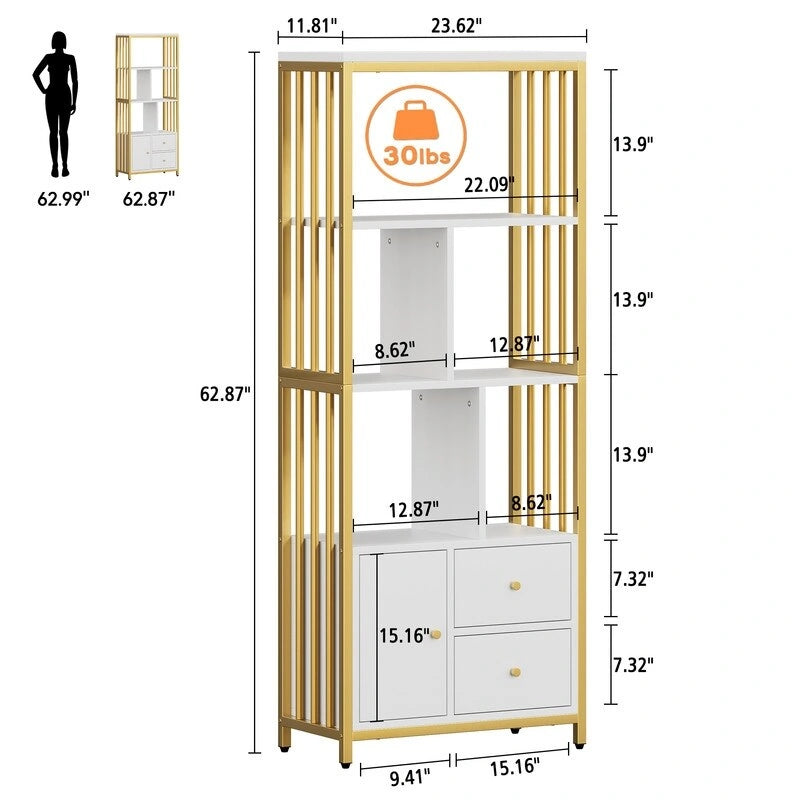 Modern Tall Bookshelf with Cabinet & 2 Drawers — Gold Frame & White Finish