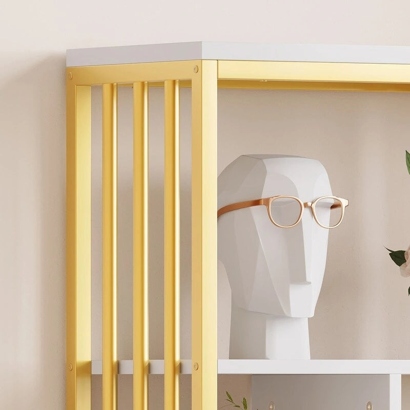 Modern Tall Bookshelf with Cabinet & 2 Drawers — Gold Frame & White Finish