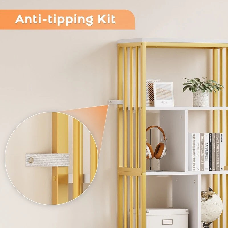 Modern Tall Bookshelf with Cabinet & 2 Drawers — Gold Frame & White Finish