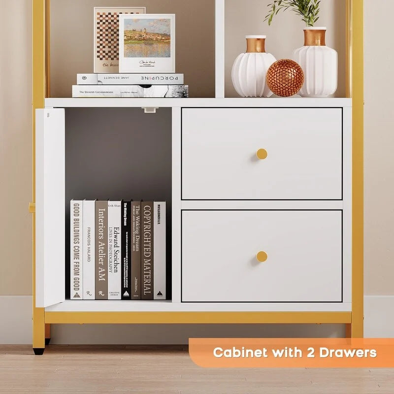 Modern Tall Bookshelf with Cabinet & 2 Drawers — Gold Frame & White Finish