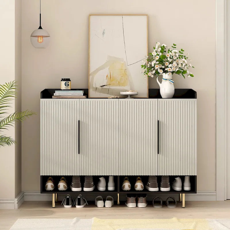 4-Door Shoe Cabinet with Adjustable Shelves & Open Top Surface