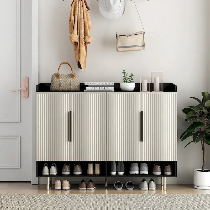 4-Door Shoe Cabinet with Adjustable Shelves & Open Top Surface