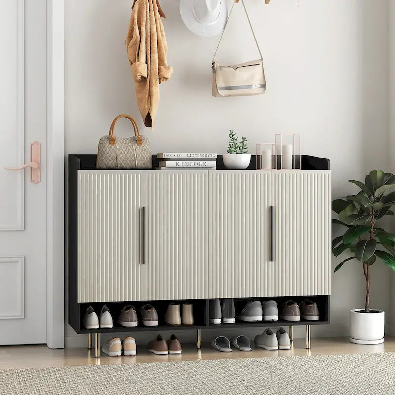 4-Door Shoe Cabinet with Adjustable Shelves & Open Top Surface
