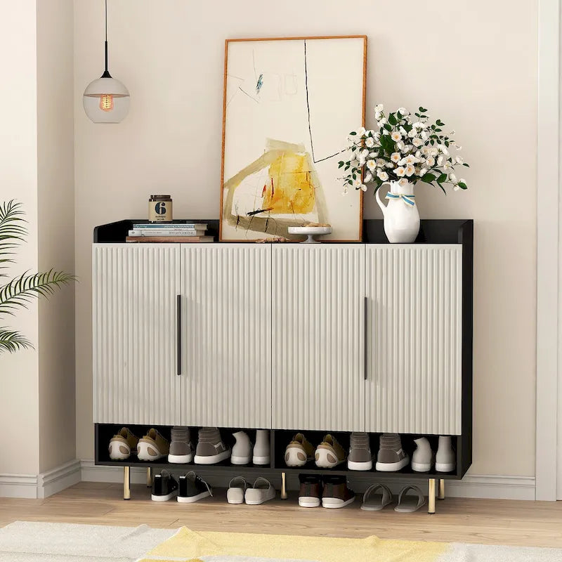 4-Door Shoe Cabinet with Adjustable Shelves & Open Top Surface