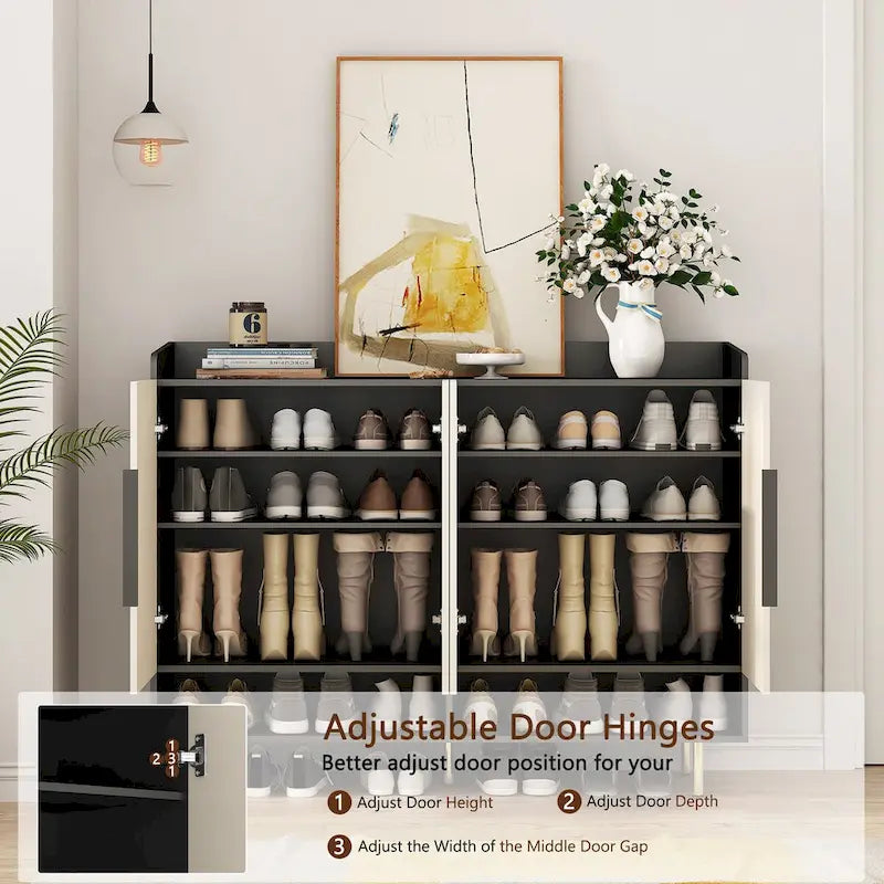 4-Door Shoe Cabinet with Adjustable Shelves & Open Top Surface