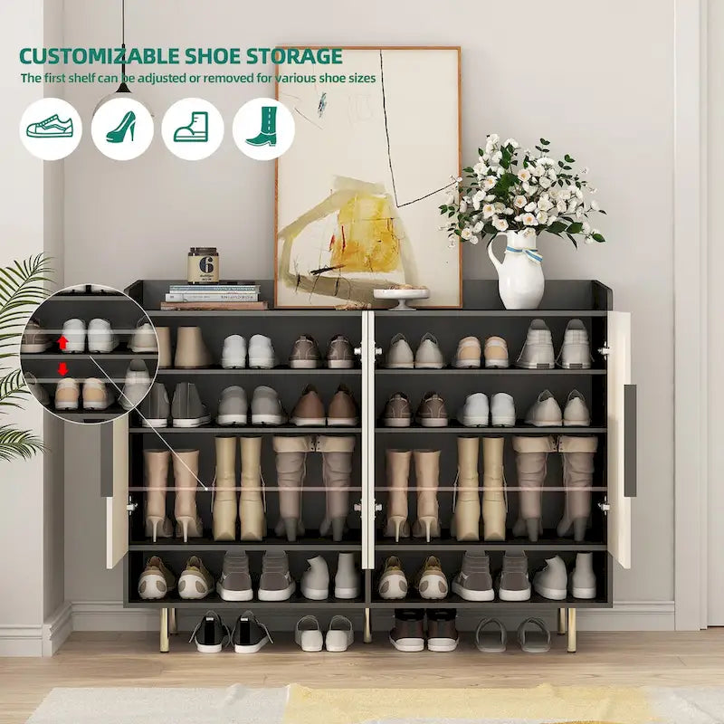 4-Door Shoe Cabinet with Adjustable Shelves & Open Top Surface