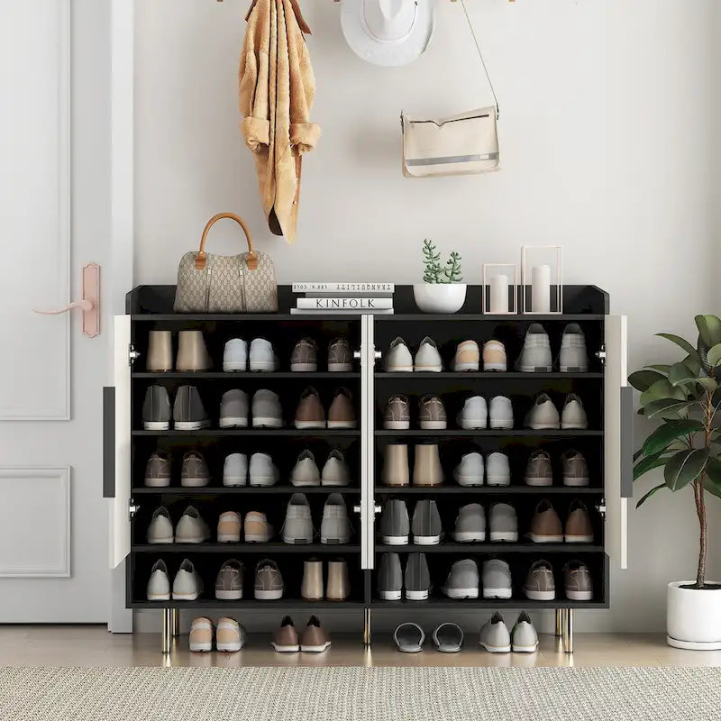4-Door Shoe Cabinet with Adjustable Shelves & Open Top Surface