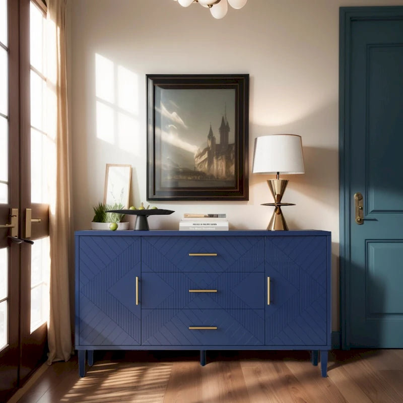 Navy Blue Sideboard Cabinet with Carved Doors, 3 Drawers & Curved Top