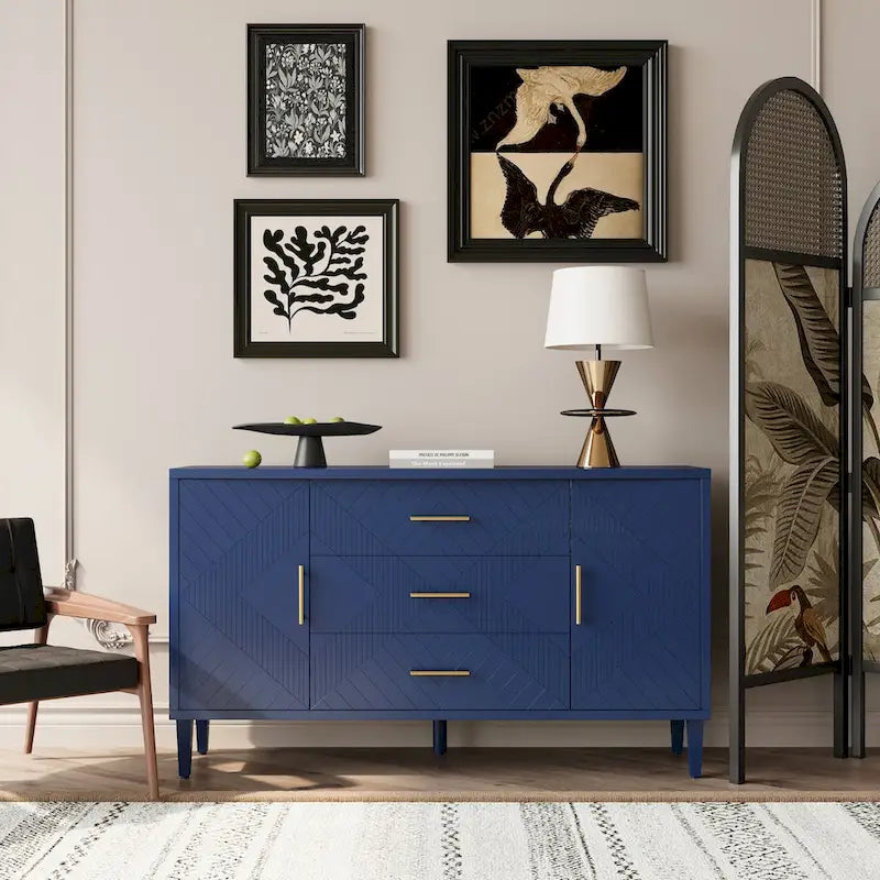Navy Blue Sideboard Cabinet with Carved Doors, 3 Drawers & Curved Top