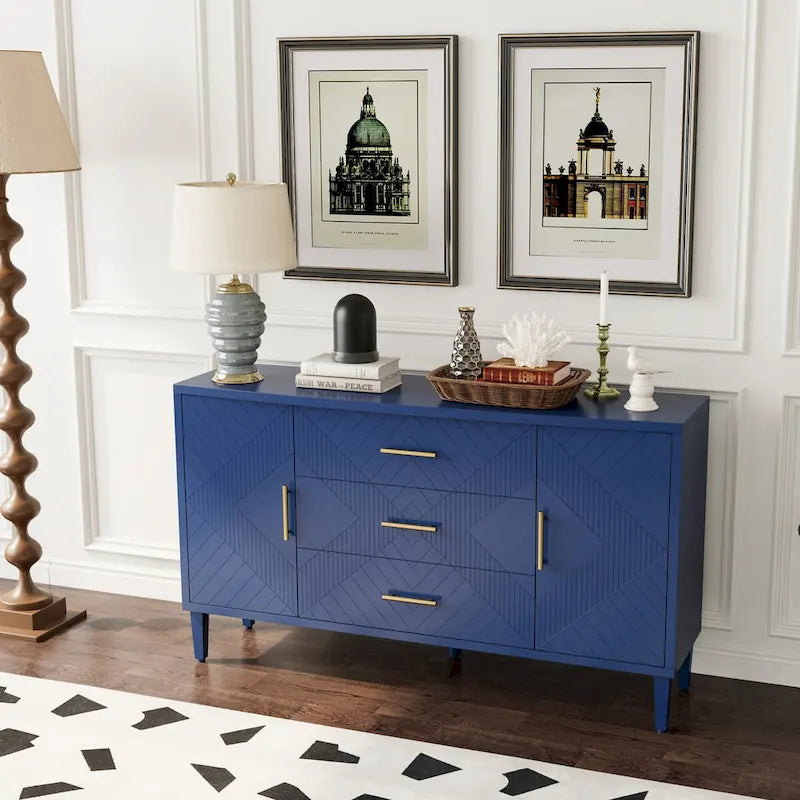 Navy Blue Sideboard Cabinet with Carved Doors, 3 Drawers & Curved Top