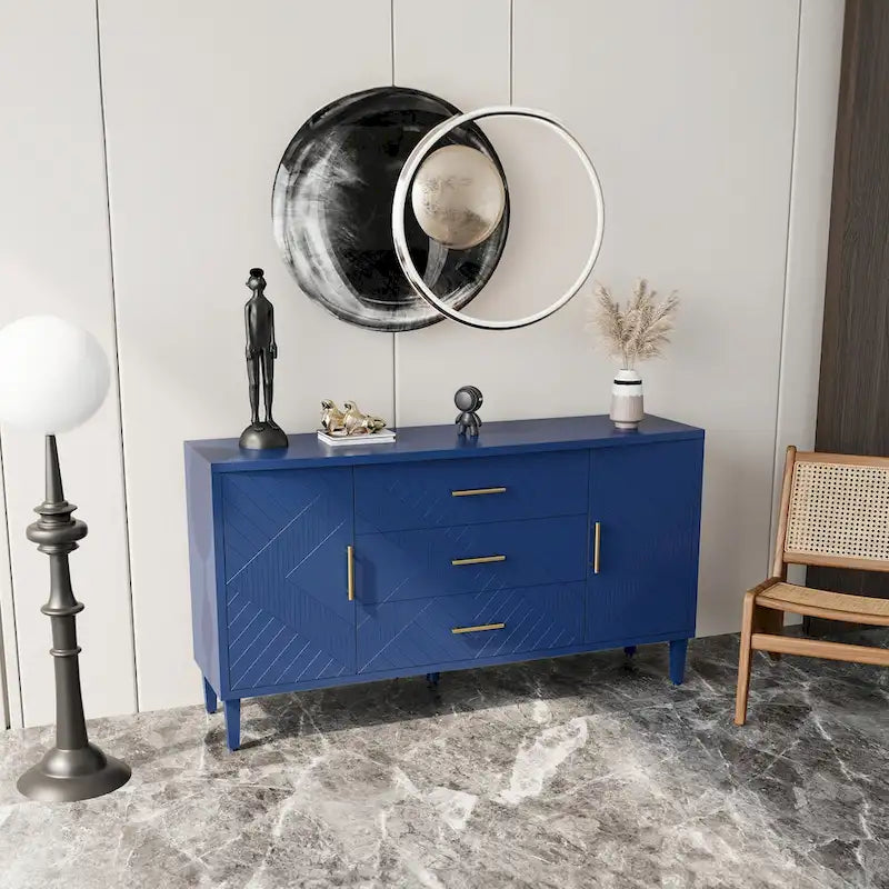 Navy Blue Sideboard Cabinet with Carved Doors, 3 Drawers & Curved Top