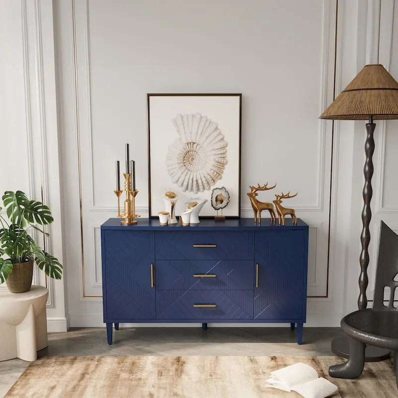 Navy Blue Sideboard Cabinet with Carved Doors, 3 Drawers & Curved Top