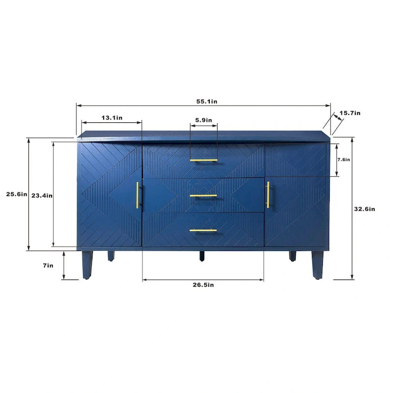 Navy Blue Sideboard Cabinet with Carved Doors, 3 Drawers & Curved Top