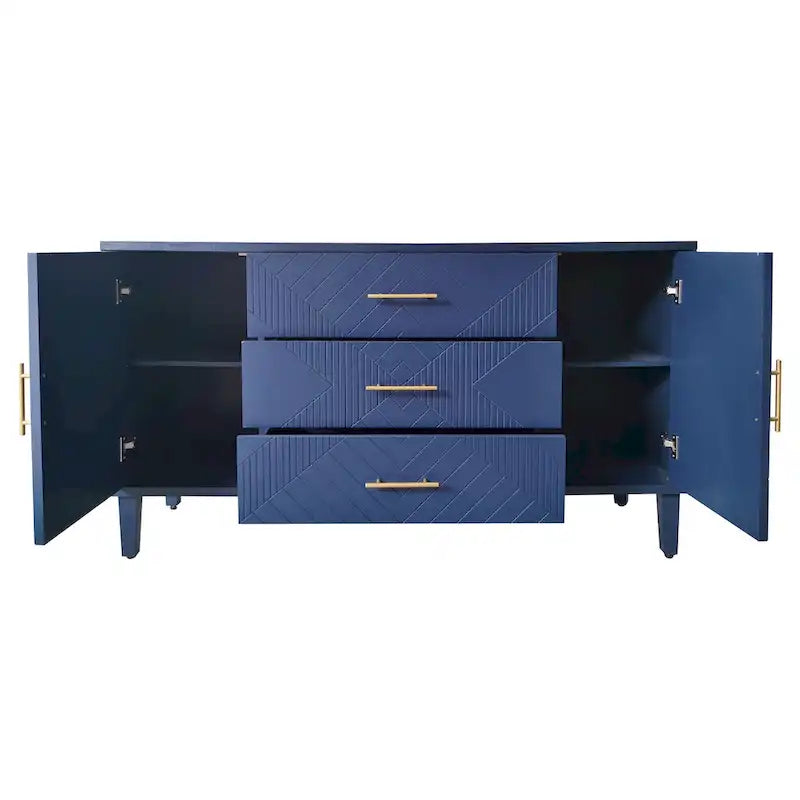 Navy Blue Sideboard Cabinet with Carved Doors, 3 Drawers & Curved Top