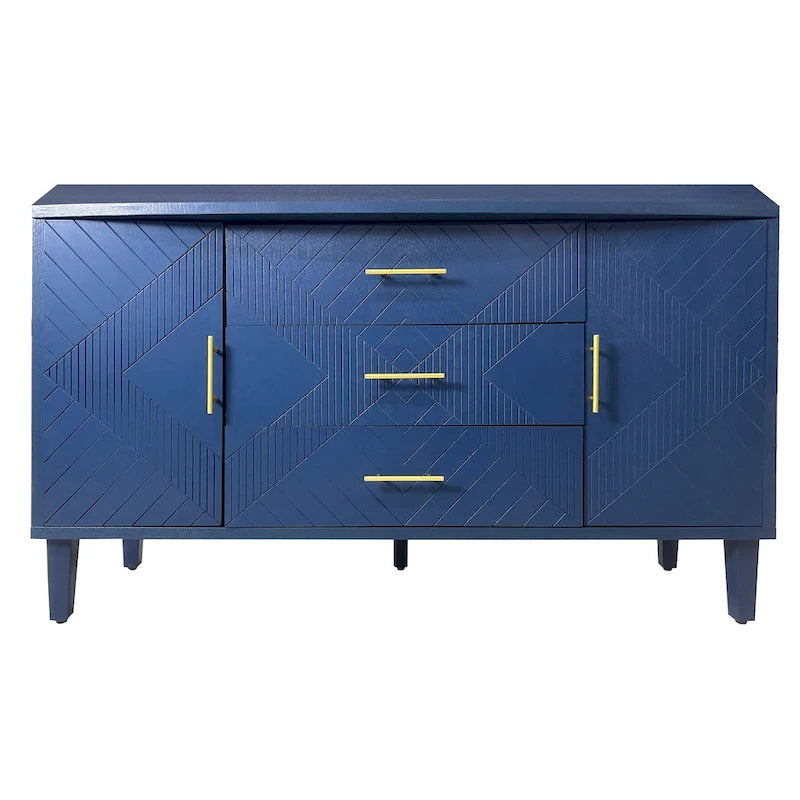 Navy Blue Sideboard Cabinet with Carved Doors, 3 Drawers & Curved Top