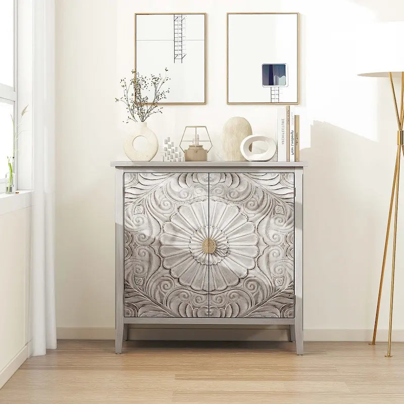 American Style 2-Door Cabinet with Relief Carved Doors & Gold Handles