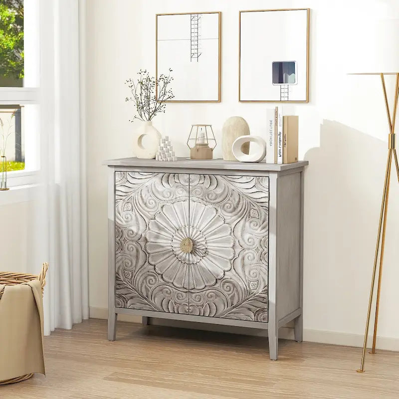 American Style 2-Door Cabinet with Relief Carved Doors & Gold Handles