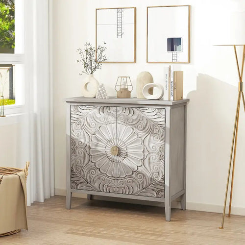 American Style 2-Door Cabinet with Relief Carved Doors & Gold Handles