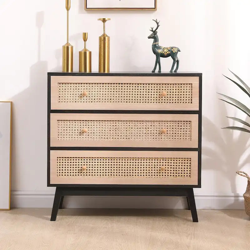 Natural Rattan 3-Drawer Storage Cabinet with Wood Legs