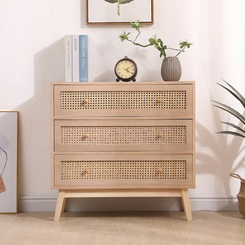 Natural Rattan 3-Drawer Storage Cabinet with Wood Legs
