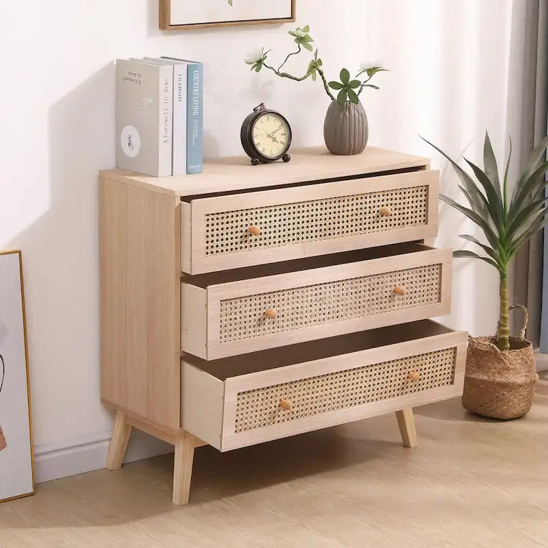Natural Rattan 3-Drawer Storage Cabinet with Wood Legs