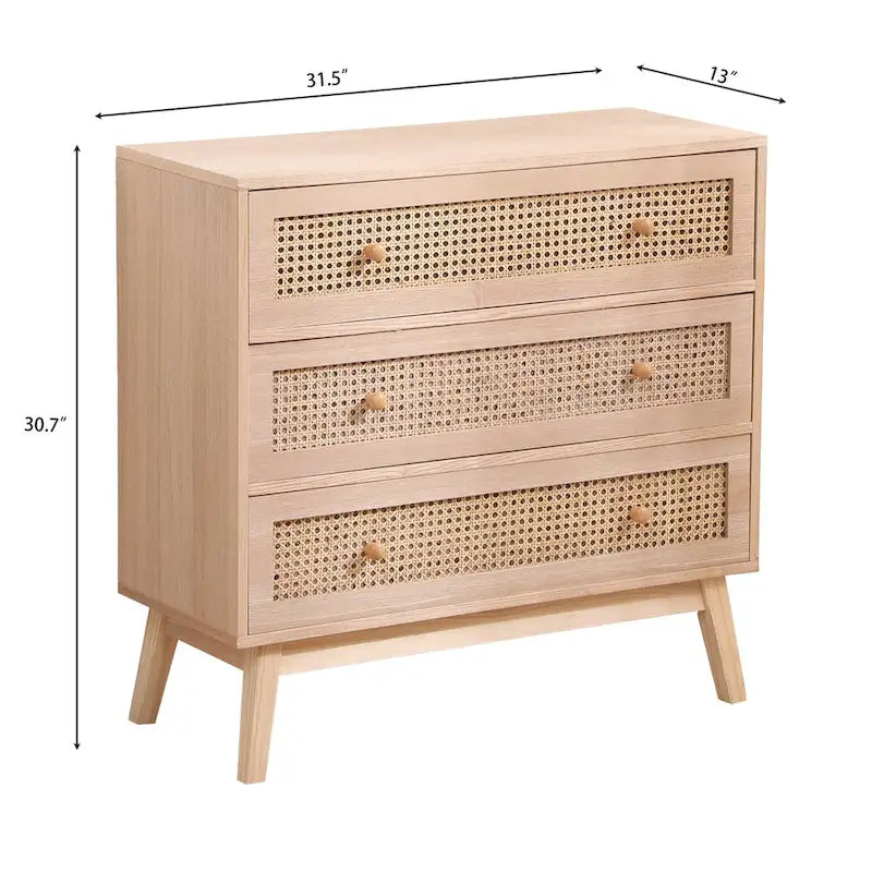 Natural Rattan 3-Drawer Storage Cabinet with Wood Legs