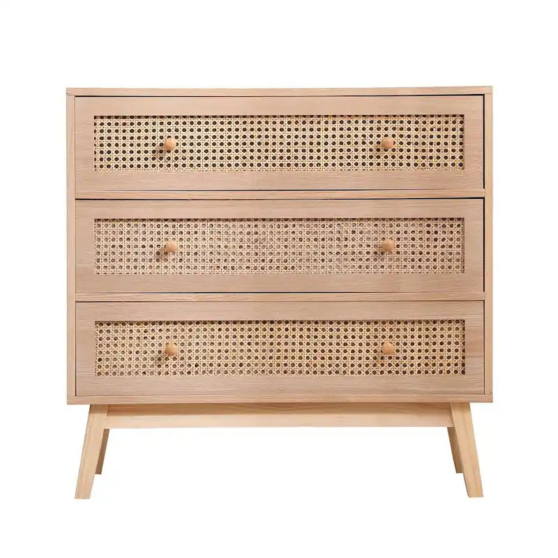 Natural Rattan 3-Drawer Storage Cabinet with Wood Legs