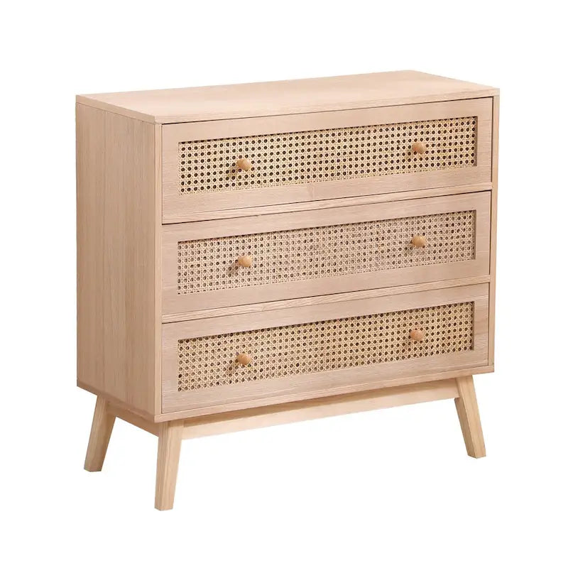 Natural Rattan 3-Drawer Storage Cabinet with Wood Legs