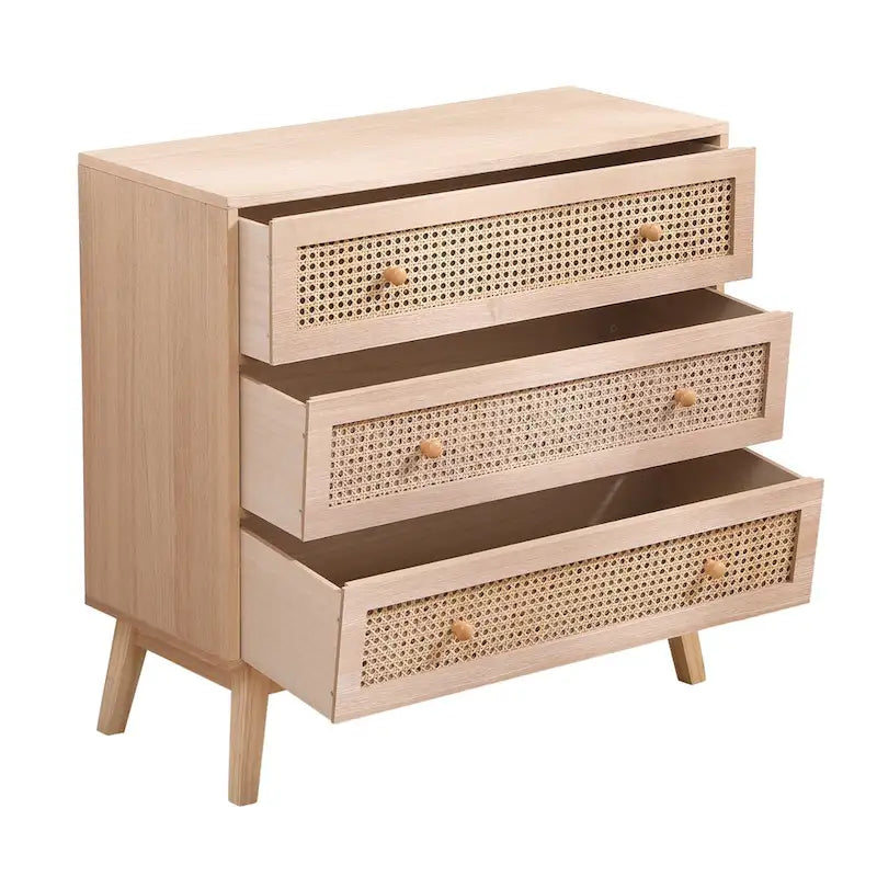 Natural Rattan 3-Drawer Storage Cabinet with Wood Legs