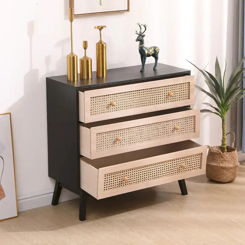 Natural Rattan 3-Drawer Storage Cabinet with Wood Legs