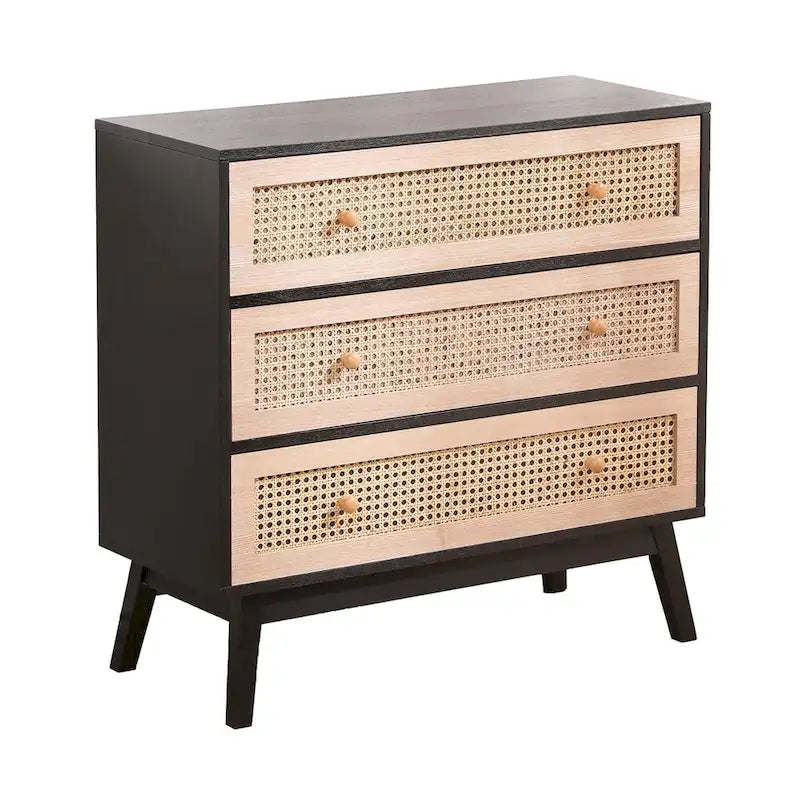 Natural Rattan 3-Drawer Storage Cabinet with Wood Legs